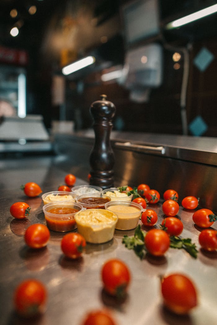 The Art of Drawing Readers In: Your attractive post title goes here Close-up of cherry tomatoes and various sauces on a kitchen counter, with a pepper mill.