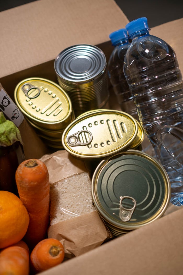 Mastering the First Impression: Your intriguing post title goes here Box filled with essential food items including canned goods and fresh produce.